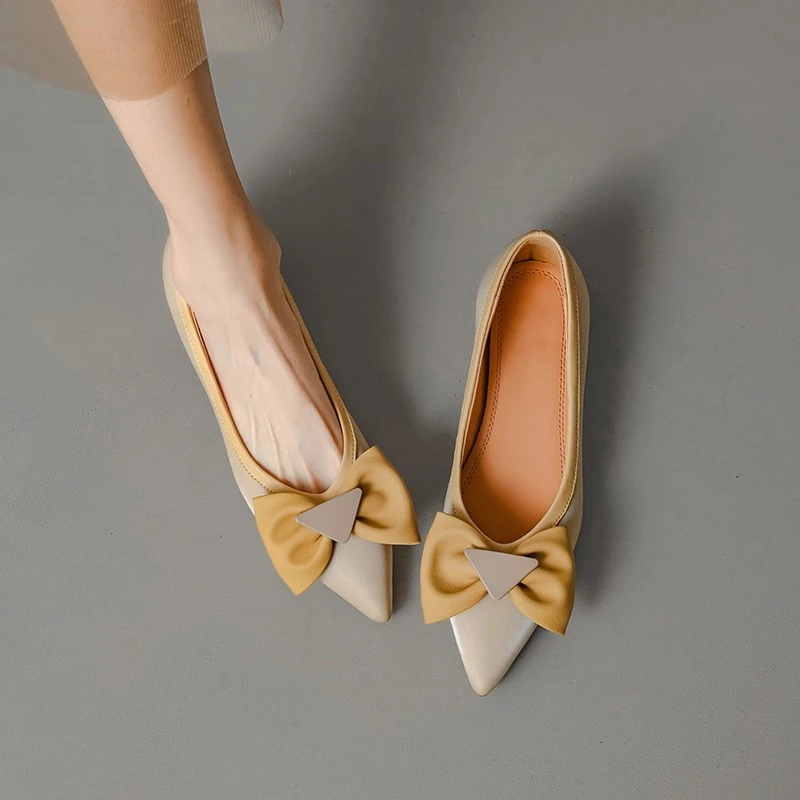 软羊皮断码清仓真皮尖头蝴蝶结浅口单鞋女2025春秋新款时尚平底鞋