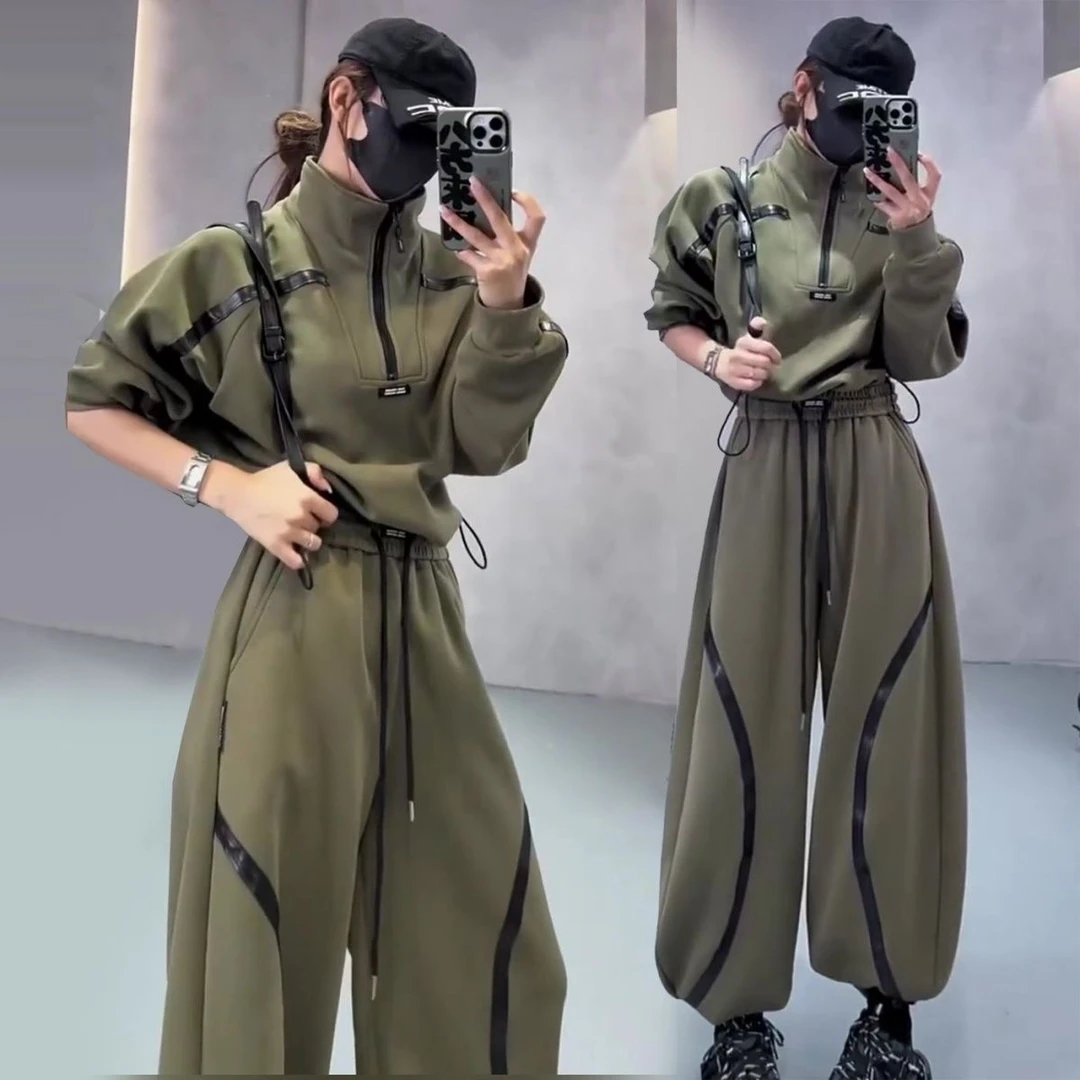 2025秋新款网红时尚修身多巴胺拉链长袖上衣宽松休闲卫裤两件套