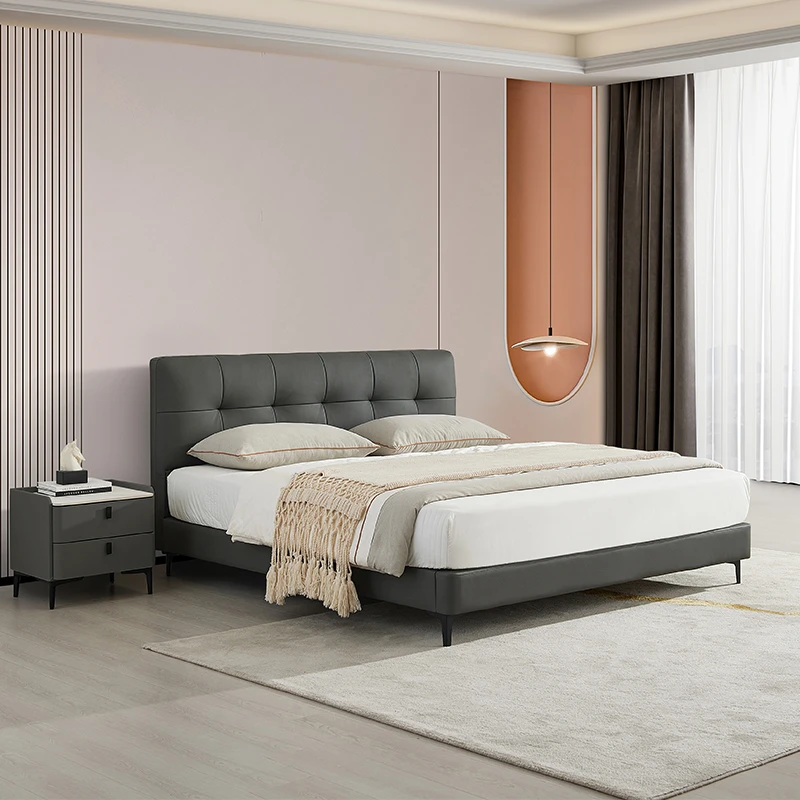 真皮床意式极简主卧高端现代简约主卧双人婚床头层牛皮软床742E