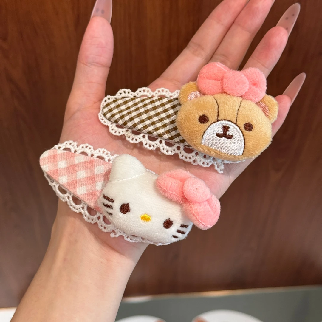 少女卡通KT猫小熊格纹花边BB夹甜美可爱风碎发刘海夹韩版森系发夹