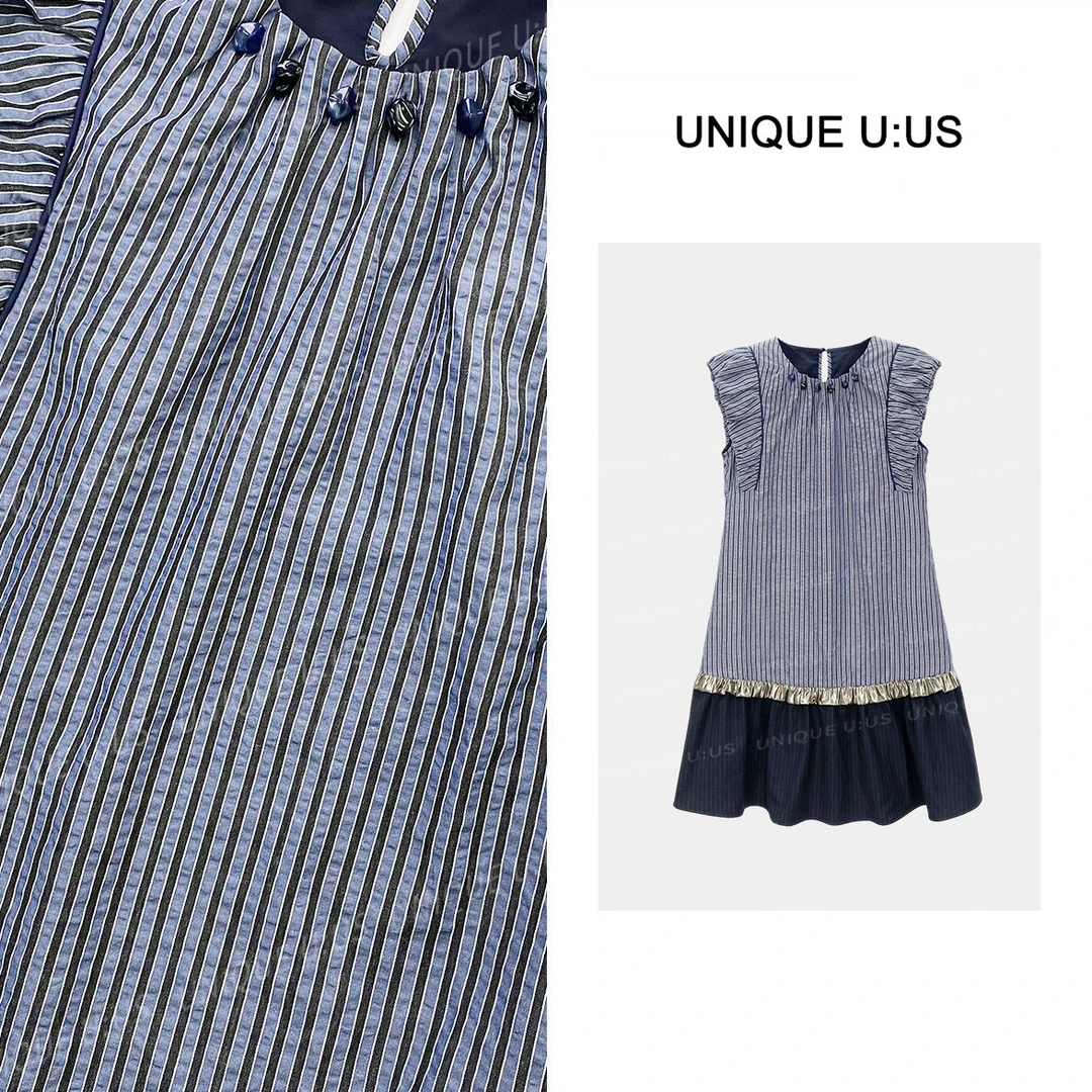 【路易斯编号14】设计师品牌极简未来风珠饰条纹褶裥连衣裙251591