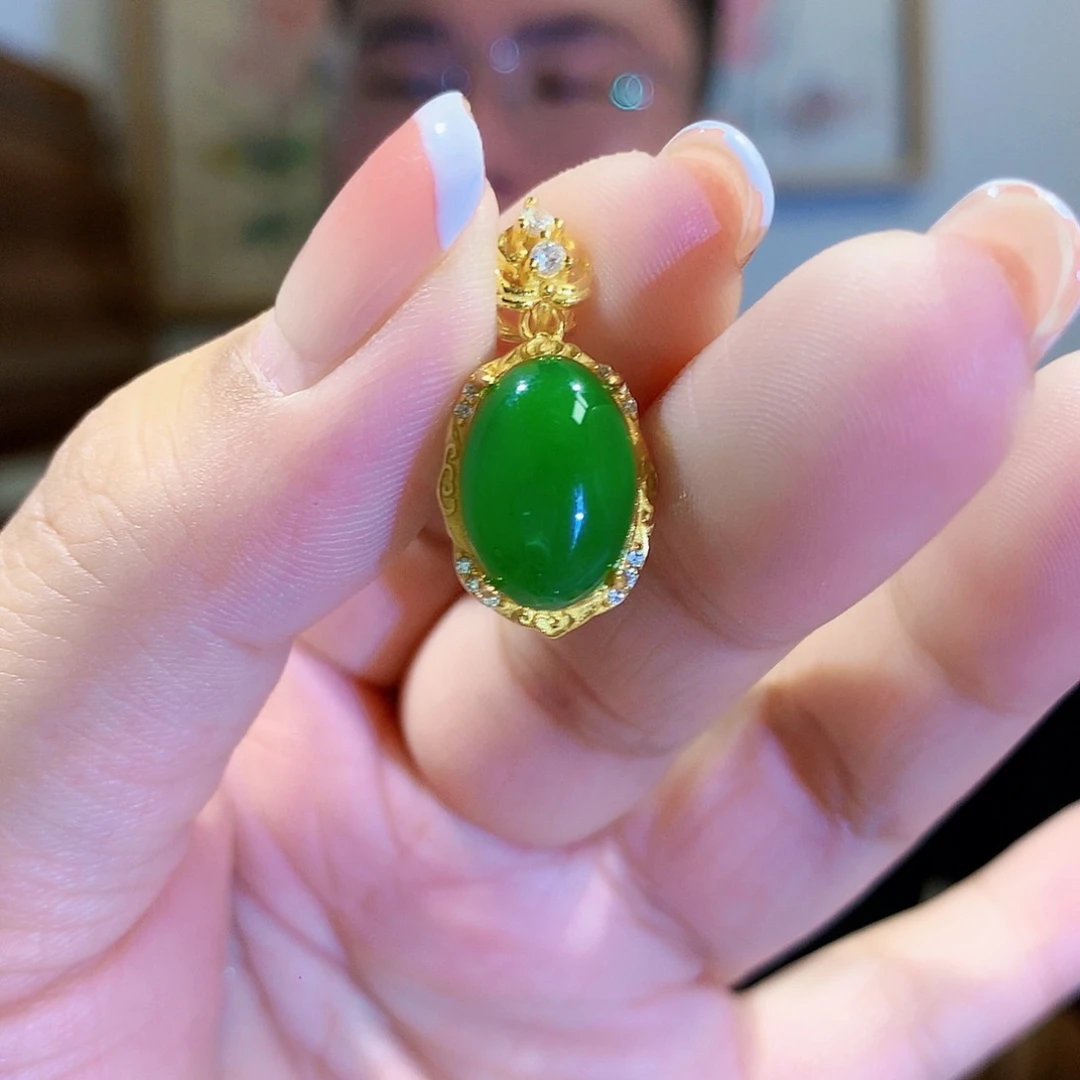 和田玉（碧玉）颈饰银S925镀金镶嵌