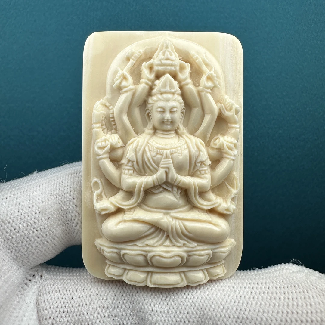 H6023天然猛犸千手观音雕刻牌34.5*52.7*13mm一物一图 假一罚十