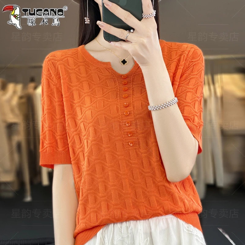 啄木鸟2024冬季T恤外穿女半袖短袖新圆领竹节麻针织衫上衣妈妈装