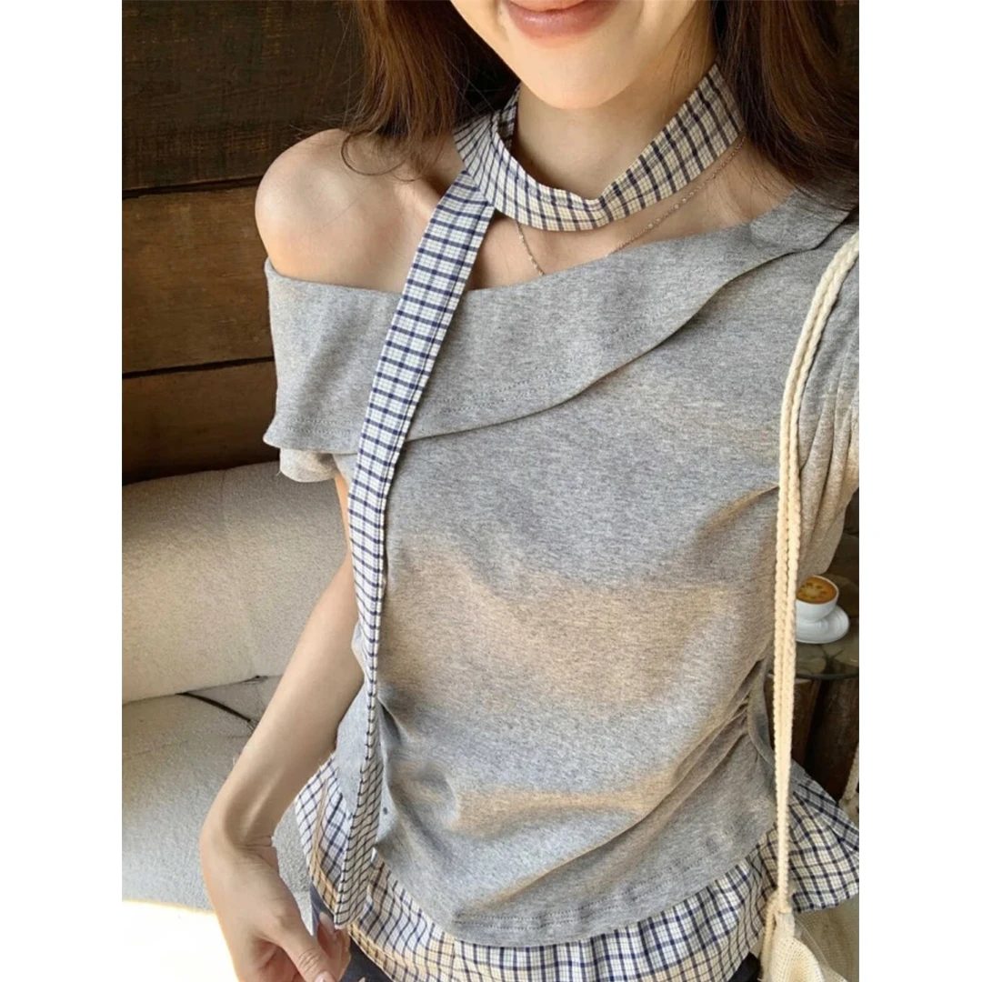 ABFP夏季新款韩系穿搭斜肩假两件短袖t恤女小众百搭格纹拼接小衫