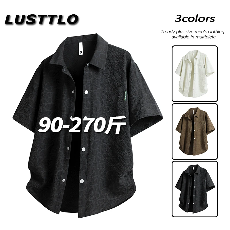 夏季薄款衬衫男士短袖百搭设计感泡泡格满印寸衫大码T恤翻领半袖