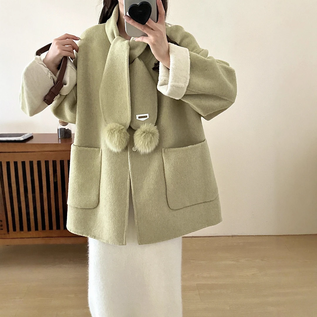 甜美风 双面羊毛大衣拼色韩版宽松围巾毛呢外套