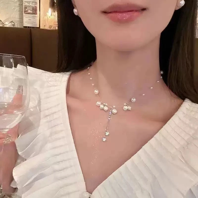 合金吊坠 流苏珍珠颈链女夏新款轻奢感气质配饰小众设计感锁骨链