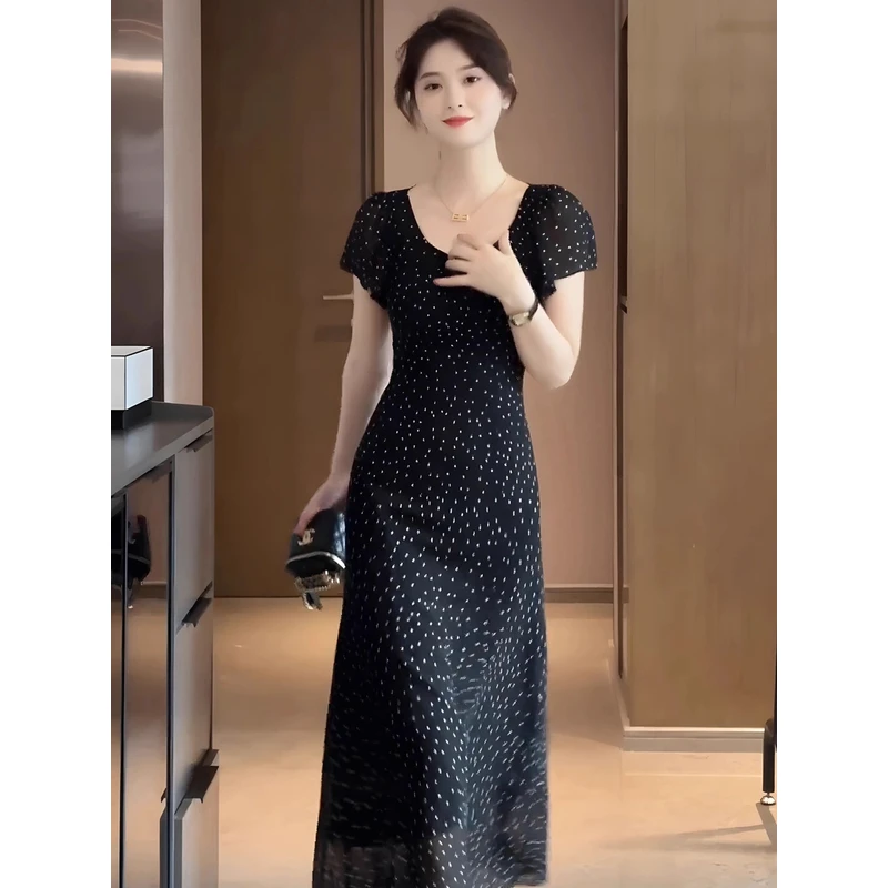 2025夏季新款法式复古赫本风雪纺裙收腰显瘦长裙黑色波点连衣裙女