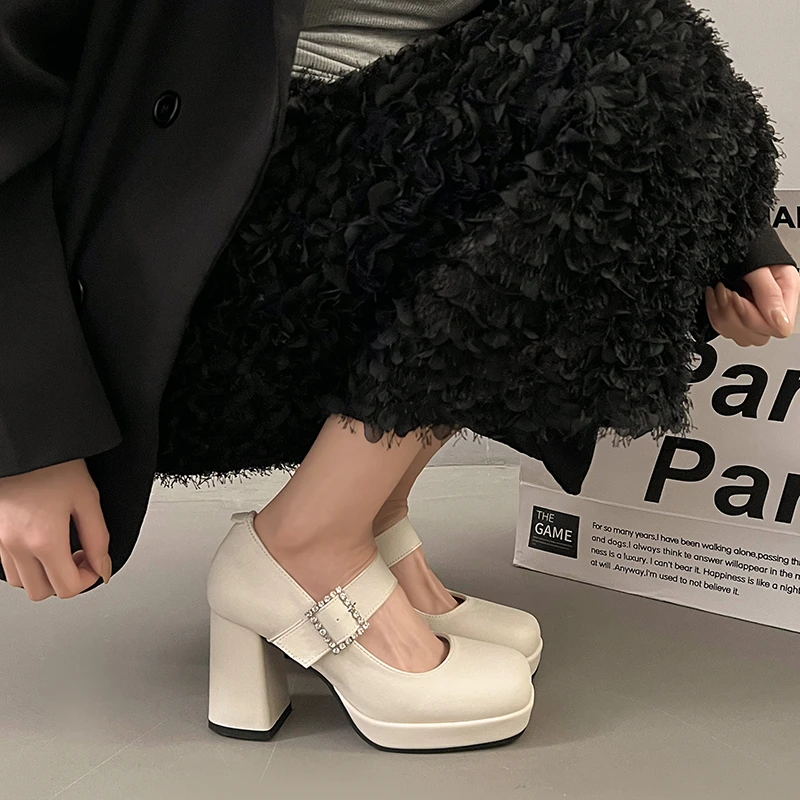 法式方扣水钻防水台高跟鞋女小个子一字扣粗跟单鞋方头玛丽珍鞋子