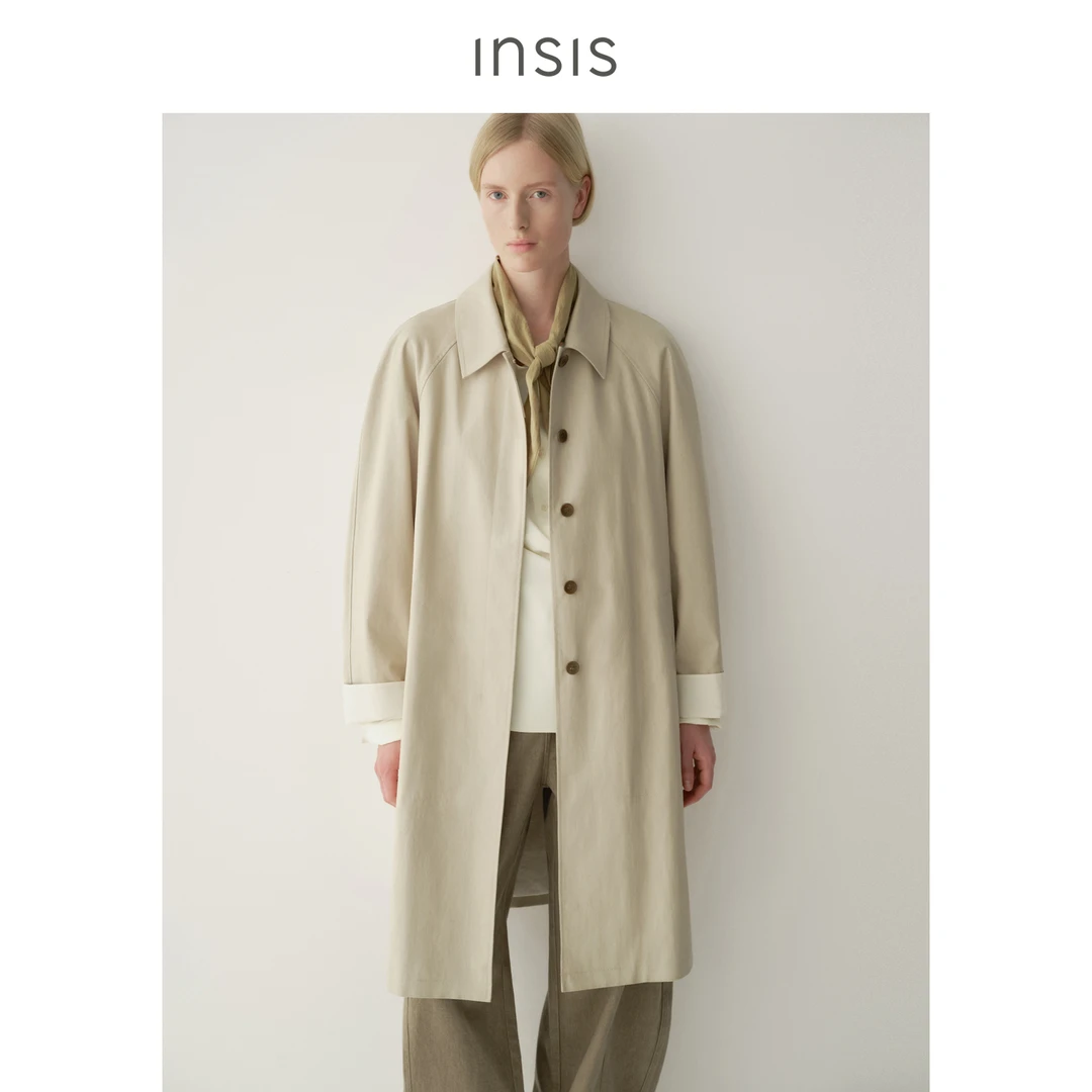 INSIS FEMME长绒棉2026春季新款文艺复古翻折袖口直身涂层风衣女