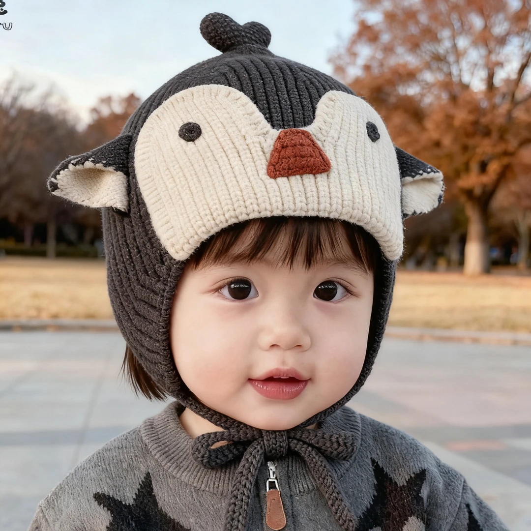 儿童冬款毛线帽子小企鹅冬季保暖帽子男童时尚套头帽男女宝宝91
