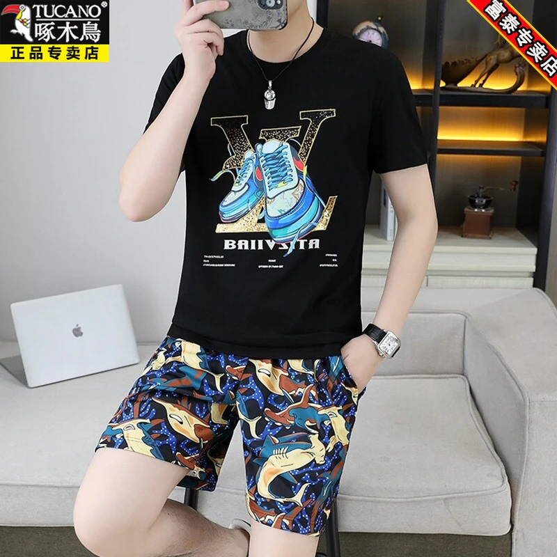 啄木鸟欧潮时尚男士短袖套装夏季新款轻奢潮流刺绣T恤短裤两件套