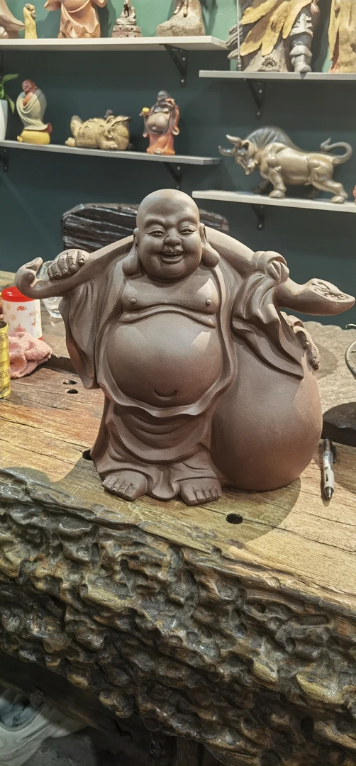 紫砂钱袋弥勒玄关博古架摆件