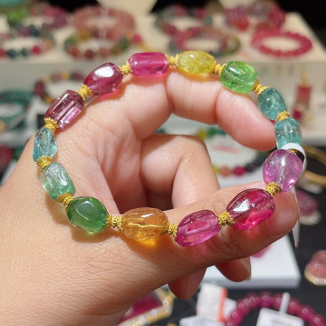 碧玺手链18K金镶嵌 玻璃体 彩虹原石