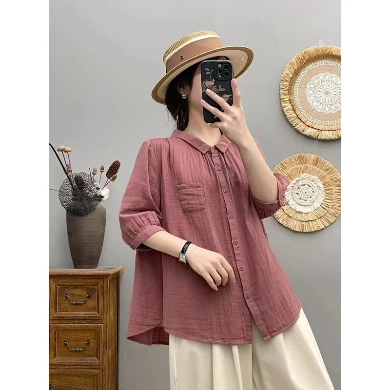 夏季纯色简约双层棉纱短袖衬衫高级显瘦宽松大码女装开衫上衣