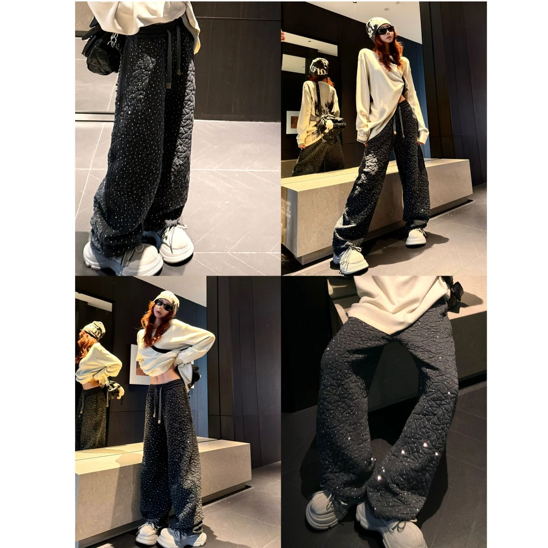 婉君Y【闪钻泡芙裤】原创“重工烫钻”菱格加棉休闲裤LWJ24D4K2466