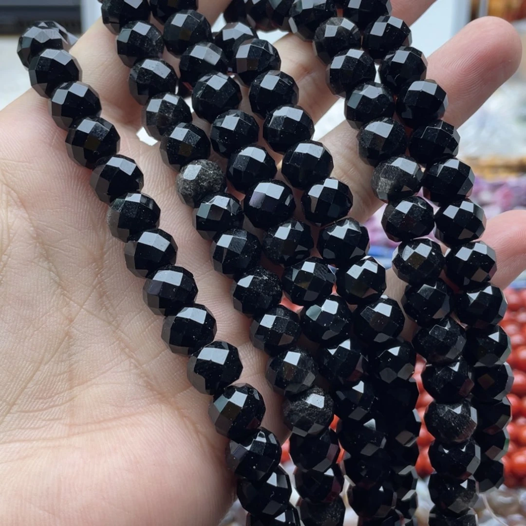玛瑙/玉髓未镶嵌珠宝半成品一条装卡10mm黑曜切面墩墩珠
