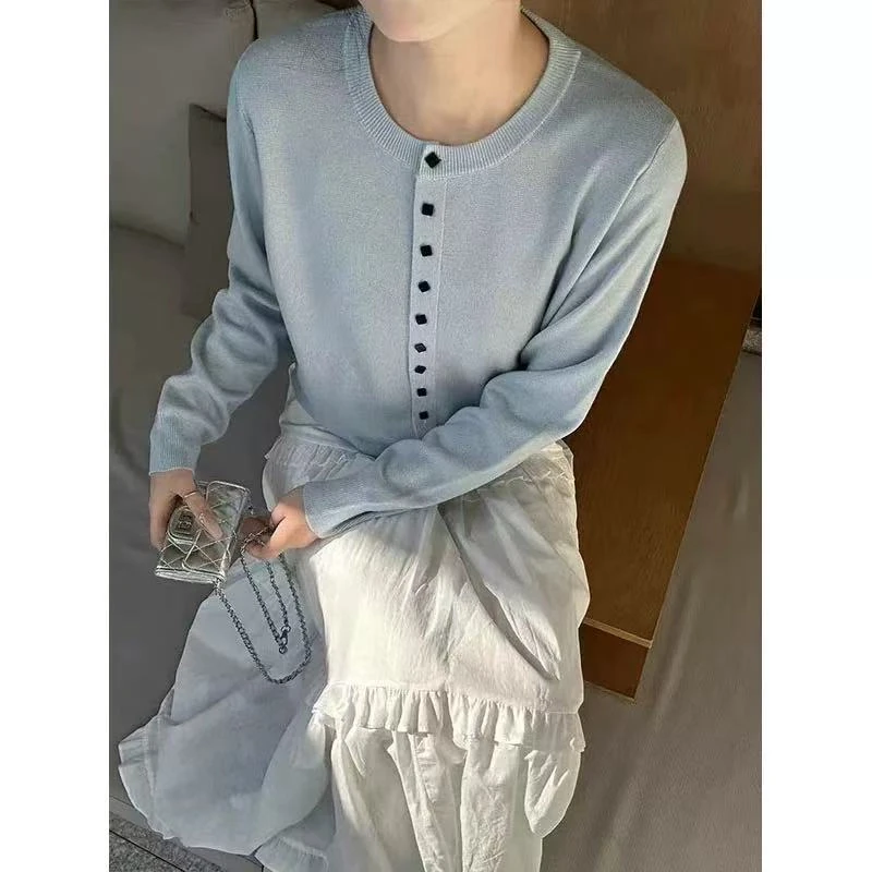 【天蓝色方糖扣】~圆领长袖针织开衫秋冬单排扣设计感针织衫