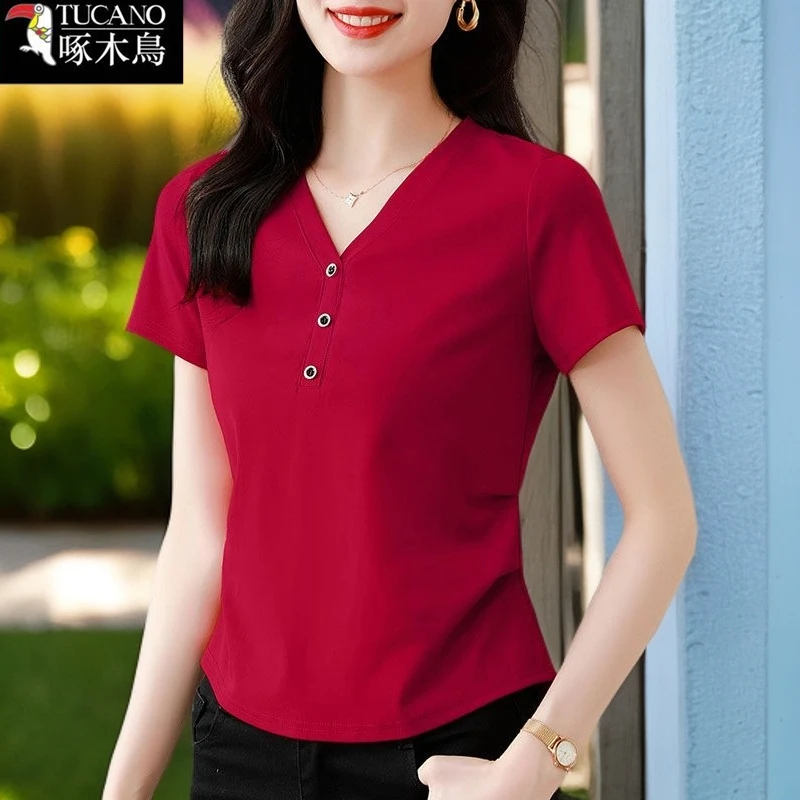啄木鸟纯色短袖休闲百搭T恤2025年夏季新款女士减龄V领设计感上衣