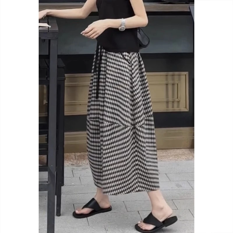 格子半身裙休闲裙子女夏季新款胖mm大码a字中长裙不规则裙花苞裙