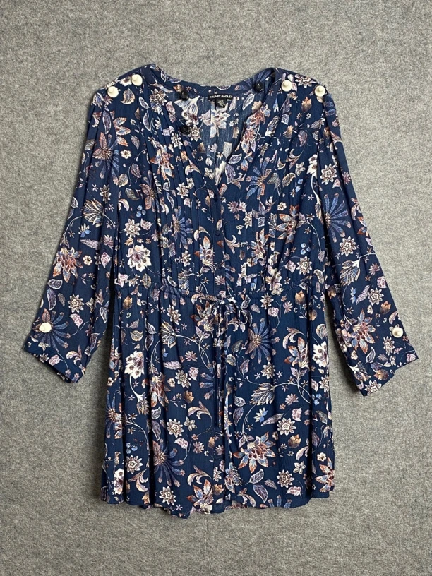 春夏女款欧美原单花朵图案V领中长款长袖衬衫