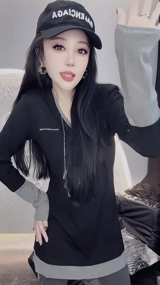 欧洲站2025冬季新款拼接贴布v领假两件t恤女时尚洋气百搭套头上衣