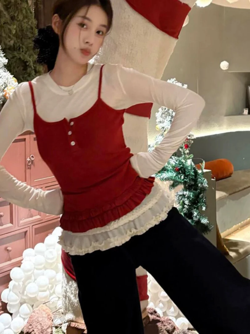 甜辣妹套装小众木耳边长袖白色T恤女春季叠穿红色吊带背心两件套