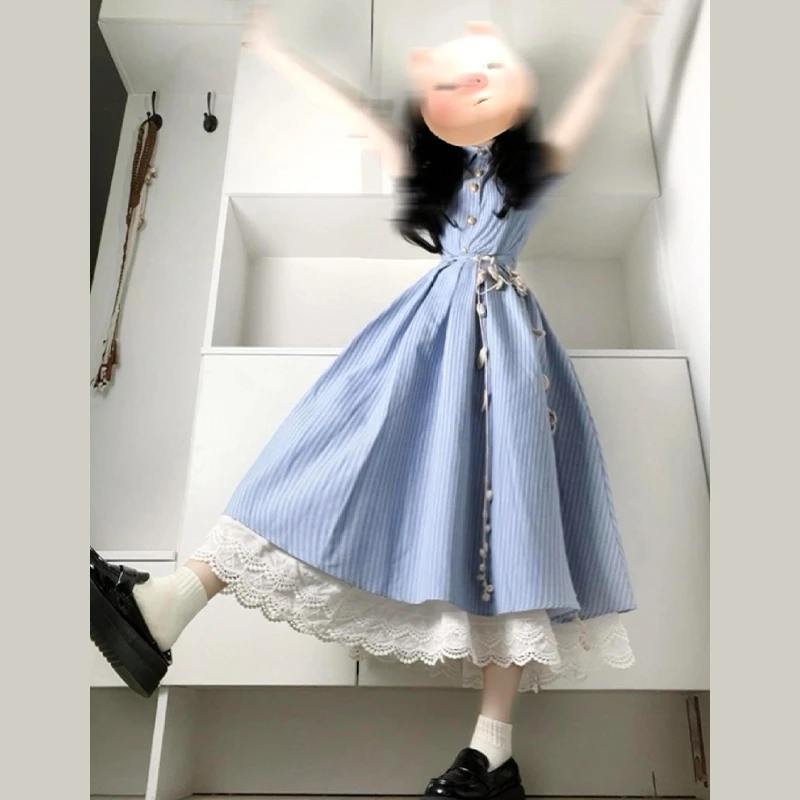 2025新款韩系学院风蓝色短袖衬衫连衣裙子女夏季气质高级收腰长裙