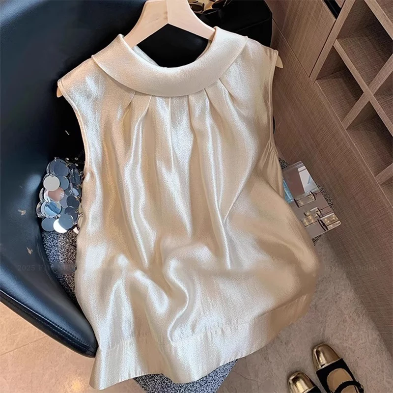 法式压褶珠光挂脖无袖上衣女2025夏季新款气质超仙温柔清冷感背心