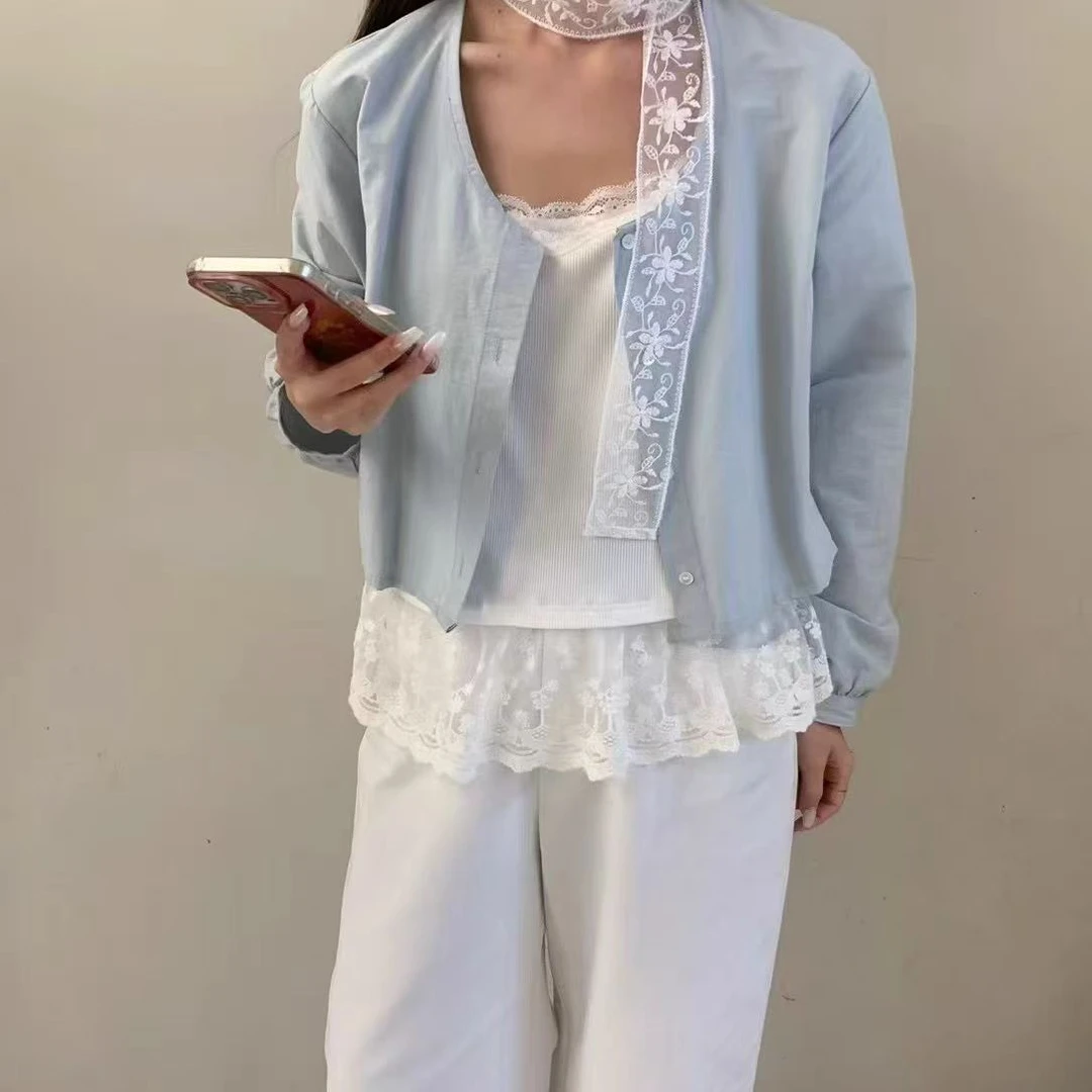 秋季新款设计感蕾丝吊带拼接假两件长袖衬衫684