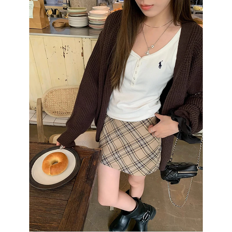 复古卡其格纹半身裙女2025早秋百搭高腰咖色a字裙包臀格子A字短裙