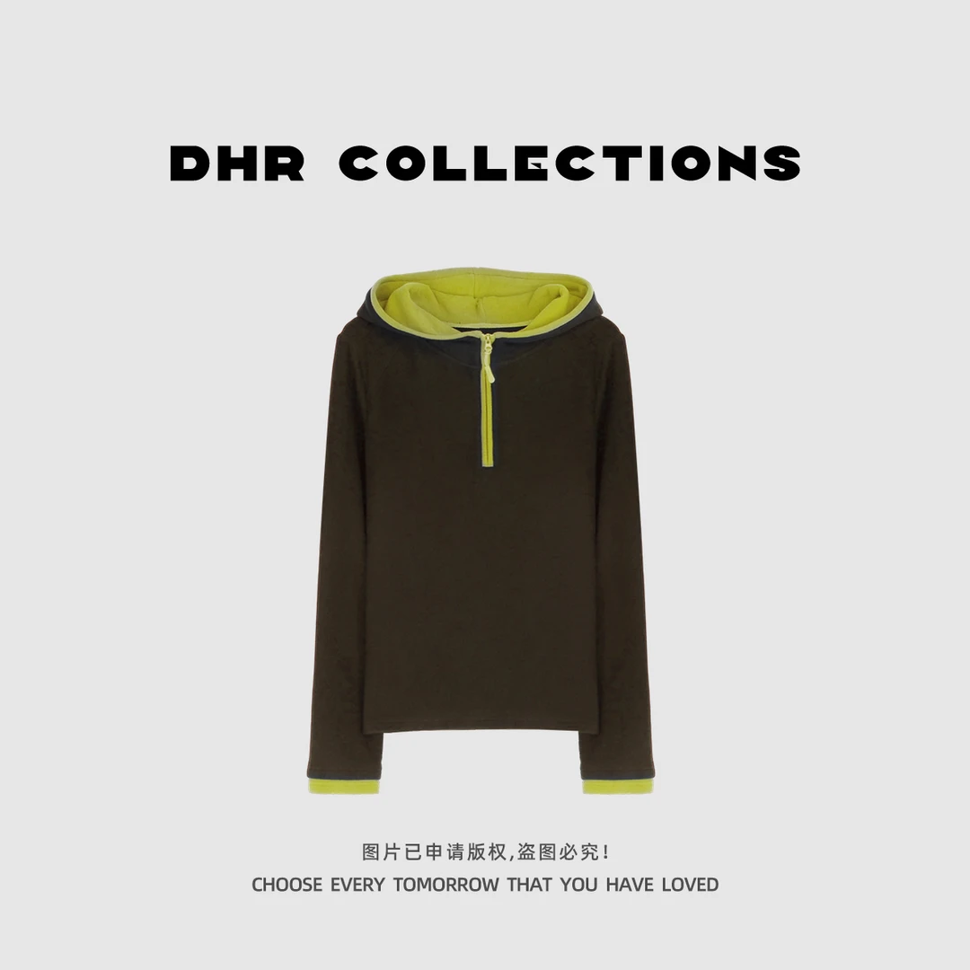 豆豆6【旷野】撞色连帽长袖绒衫半开领拉链保暖休闲上衣-768925QT