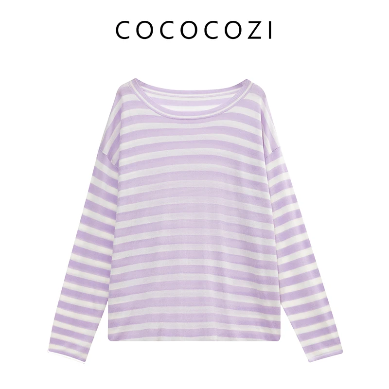 【粉丝专享】春夏新款长袖居家度假文艺风条纹T恤242CO505M