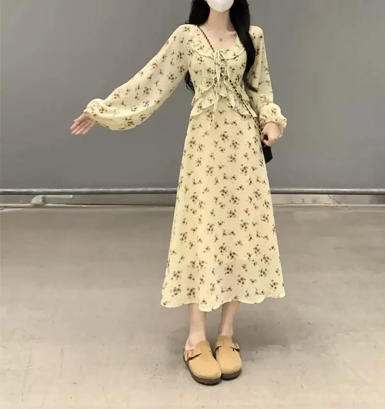 6002【杏花疏影】复古显瘦法式碎花百搭连衣裙（A01）