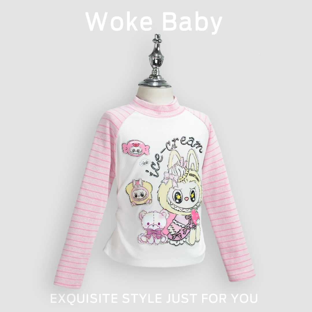 【现货】女童秋季拉布布长袖打底衫洋气卡通条纹拼接T恤汉服A5975