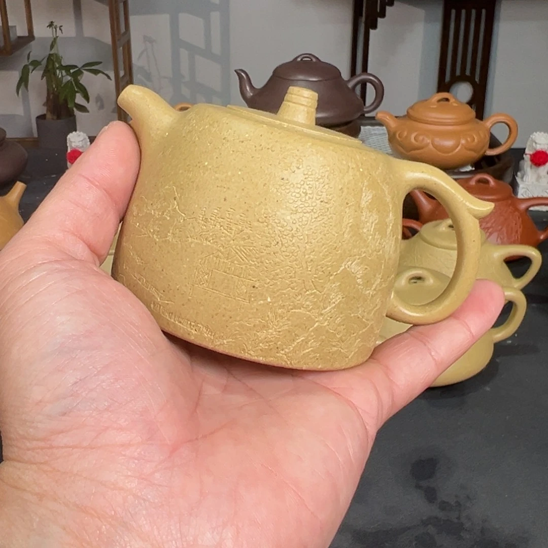 服***叔紫砂茶壶梨皮井栏刻绘