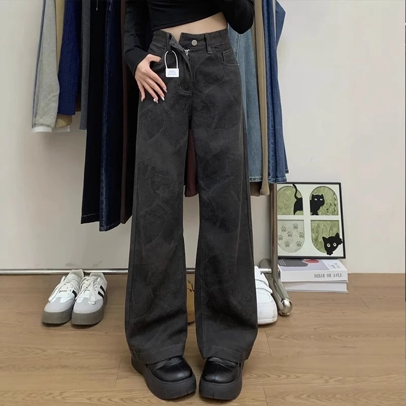 美式阔腿牛仔裤女2025春季新款高腰印花直筒宽松显瘦垂感拖地裤子