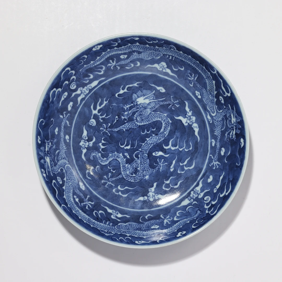 4303清晚期·青花留白龙纹盘【古董拍卖】