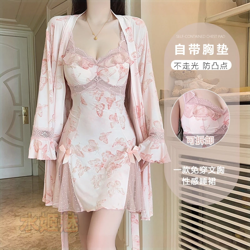 纯欲薄款深V诱惑加胸垫睡衣女性感露背轻奢蝴蝶印mm外穿长袖睡裙