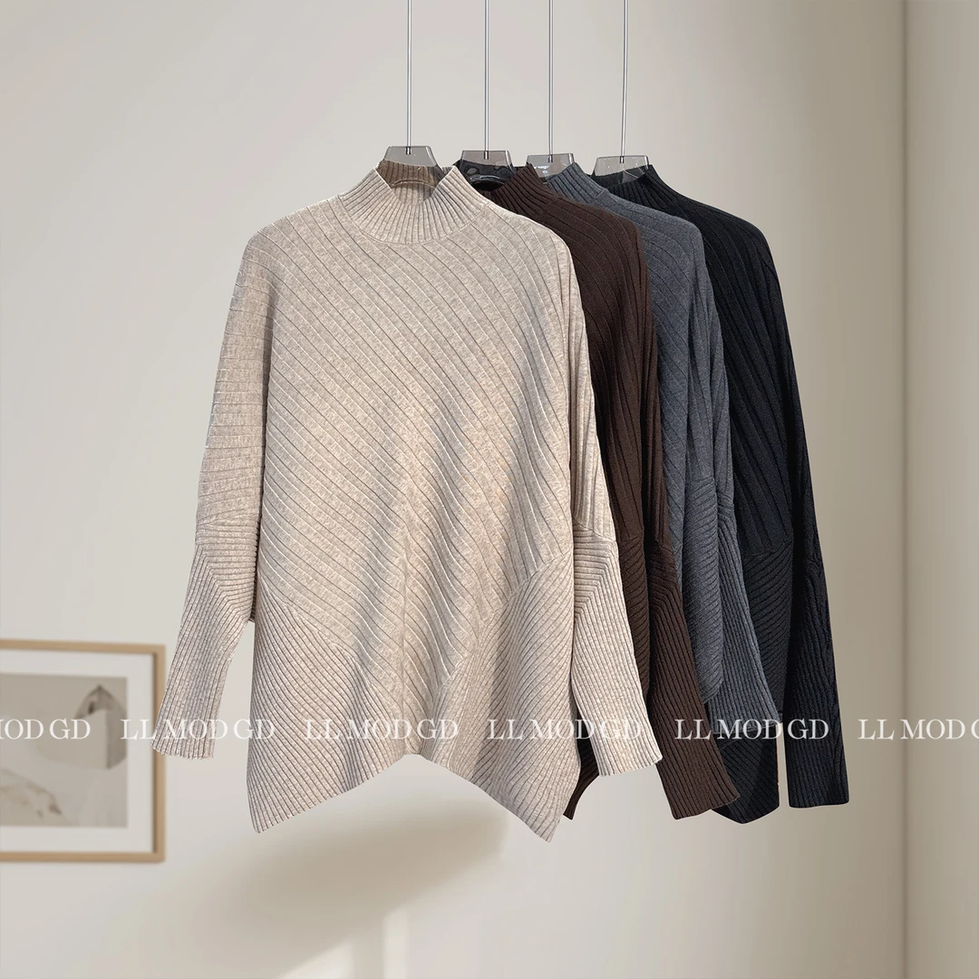 蝙蝠袖舞 半高领不规则蝙蝠袖绵羊毛慵懒休闲套头针织YL-6200854