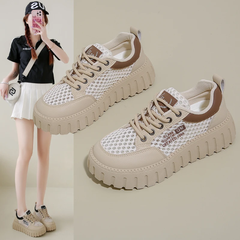 厚底板鞋女2025新款网面透气夏季小众百搭运动小白鞋爆款休闲网鞋