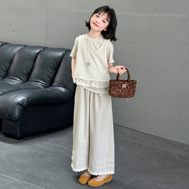 女童蕾丝花边套装甜美淑女2025夏新款中大童短袖背心三件套公主风