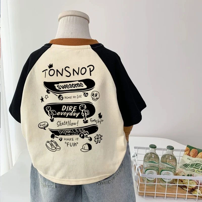 夏季痞帅男童纯棉短袖t恤儿童撞色插肩袖百搭中小童宝宝半袖T上衣