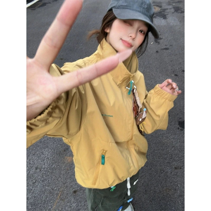 明黄色美式立领夹克外套男女秋季cleanfit港风穿搭短款工装棒球服