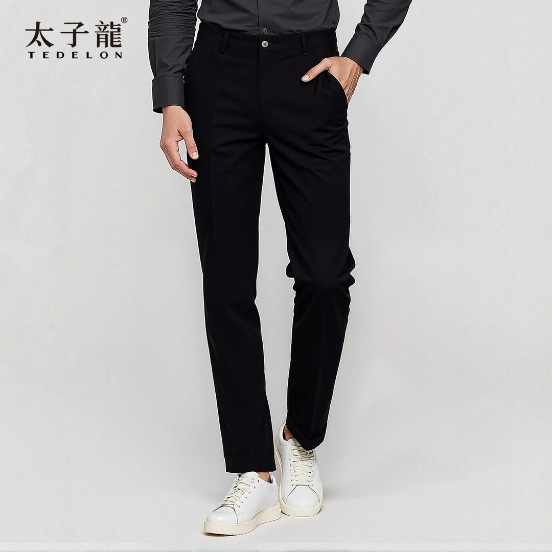 太子龙暗纹速干半松紧休闲时尚长款修身直筒男士休闲裤百搭黑色