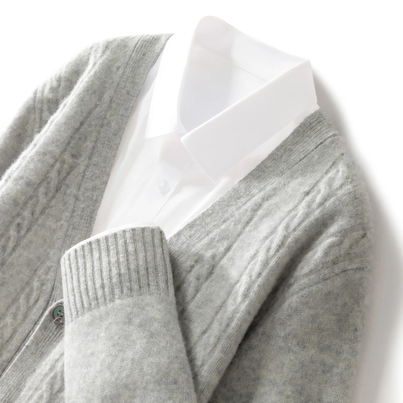 秋冬新款100澳洲羊毛开衫男士V领扭花长袖外套百搭上衣