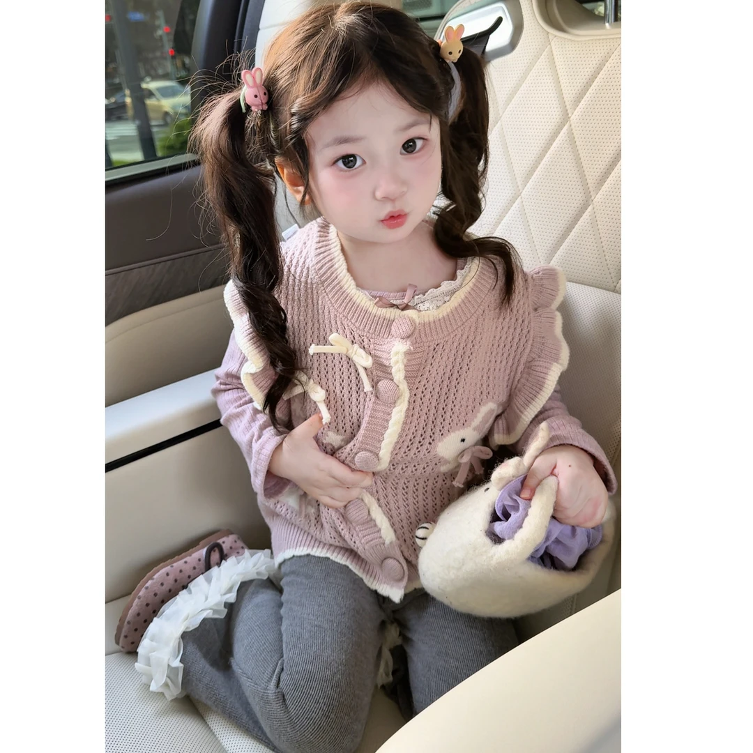 童装女童木耳边针织马甲婴儿毛衣背心儿童坎肩女宝宝三件套