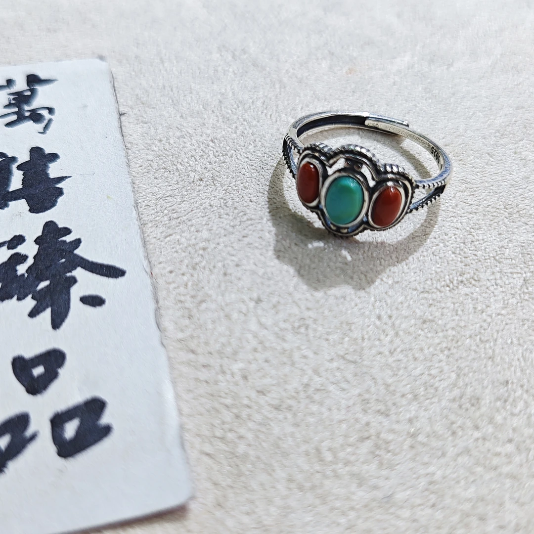 925银戒指 松松红红古法银戒指E351 zh