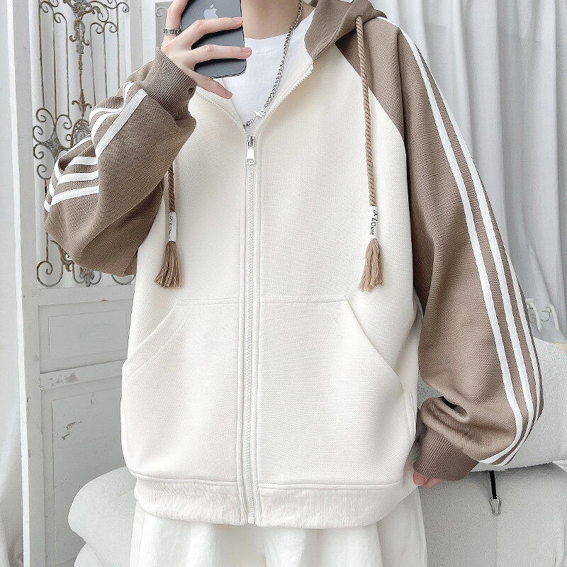 条纹织带开衫卫衣男生春季外套大码潮流宽松百搭运动卫衣外套